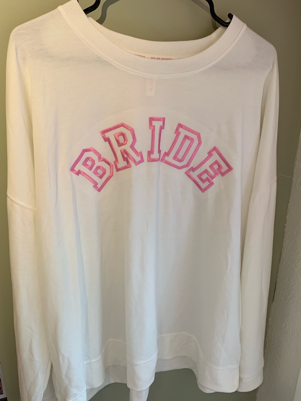 White Pullover with Pink 'BRIDE' Applique